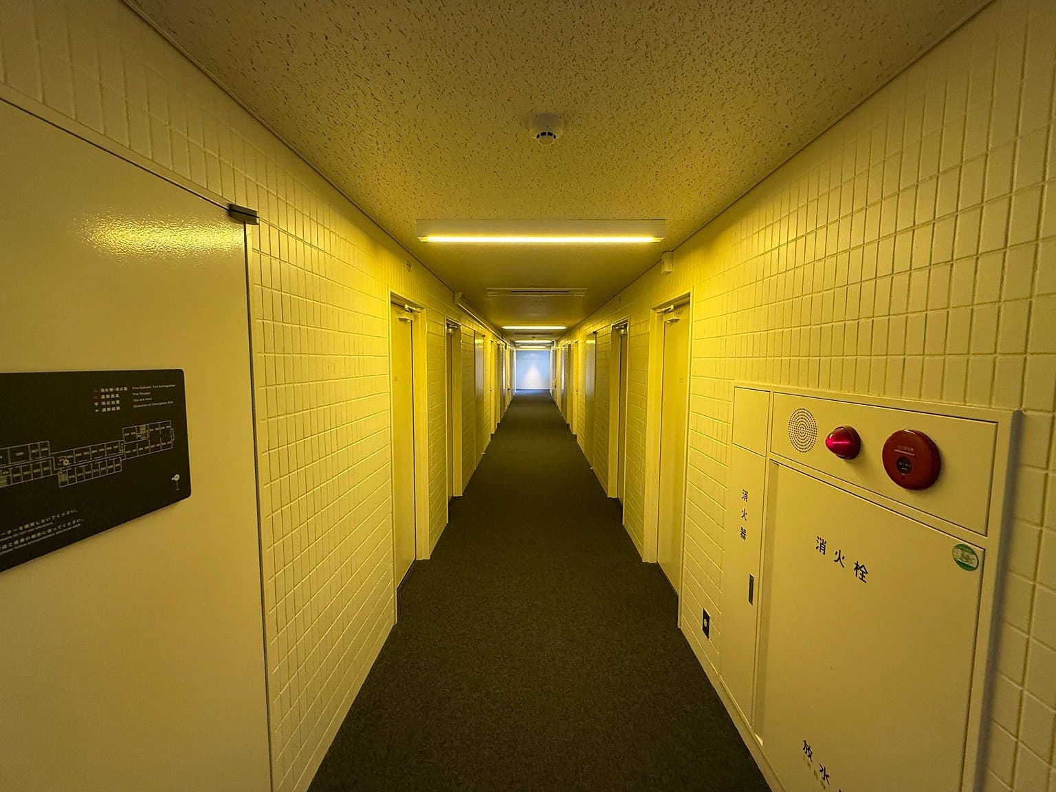 黄色い客室階の廊下